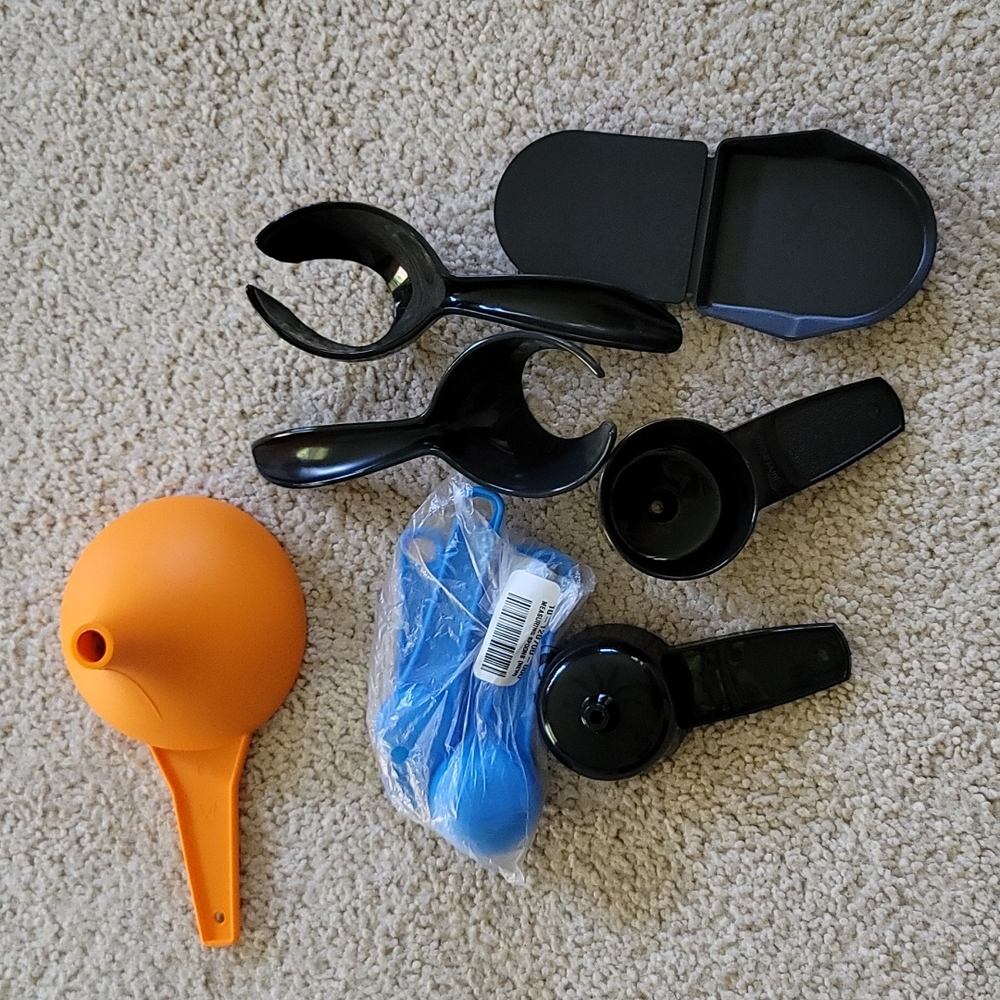 Funnel, Mini funnel, egg tool, tea bag helper and measuring spoons